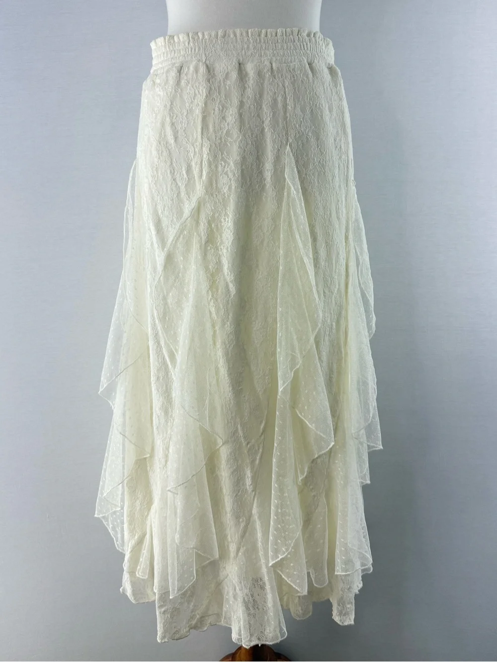 Lucky Brand Festival Ivory Lace Ruffle Elastic Waist Pull On Midi Skirt